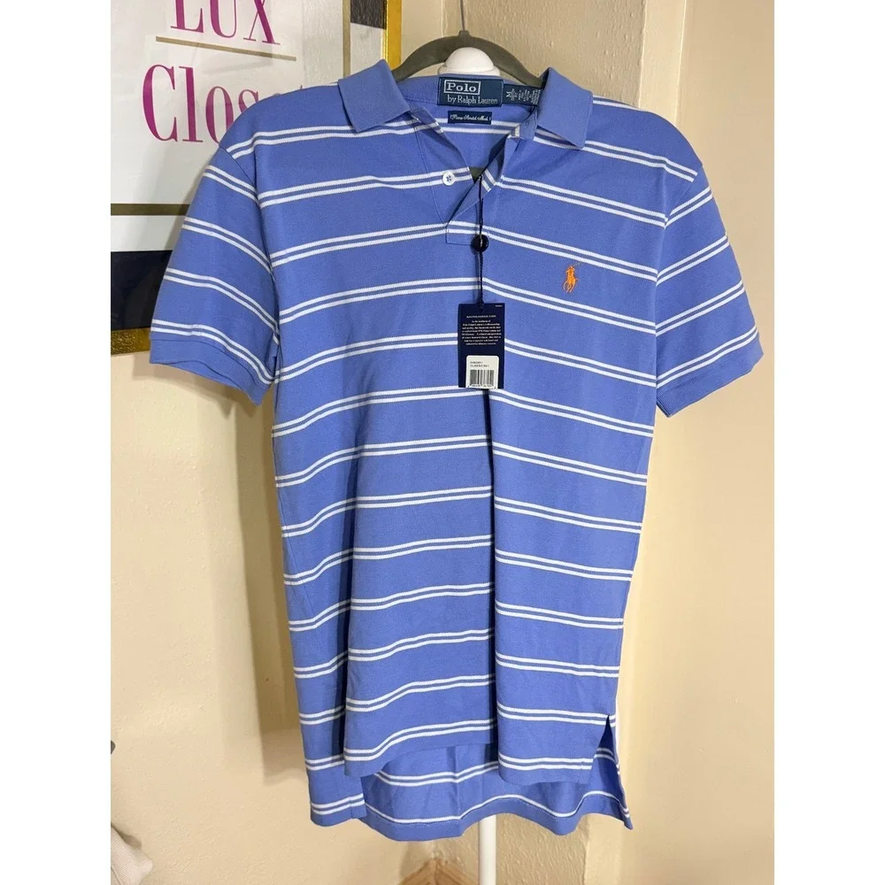 Polo Ralph Lauren Mens Blue White Striped Pima Stretch Mesh Polo Shirt Med NWT